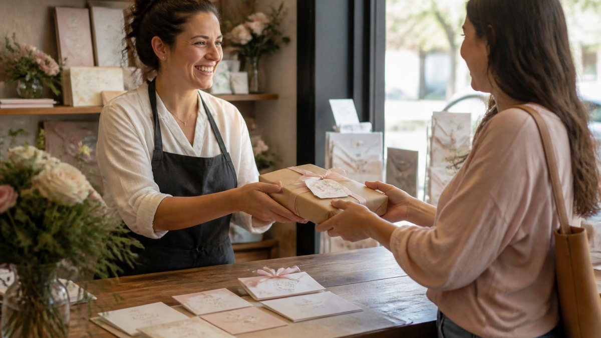 Small business owner handing a wrapped package to a smiling customer at a stationery shop counter.