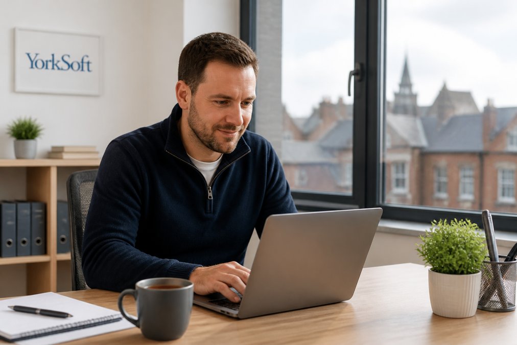 A small business owner in Northampton reviewing digital dashboards on a laptop in a modern office, a cup of tea on the desk, natural daylight from a window