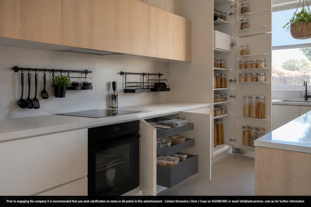 Diagram of smart small kitchen storage using vertical shelving, pull-out drawers, and wall-mounted racks.