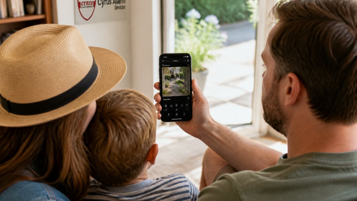 Infographic illustrating the smart home security process of monitoring a live camera feed via a mobile app.