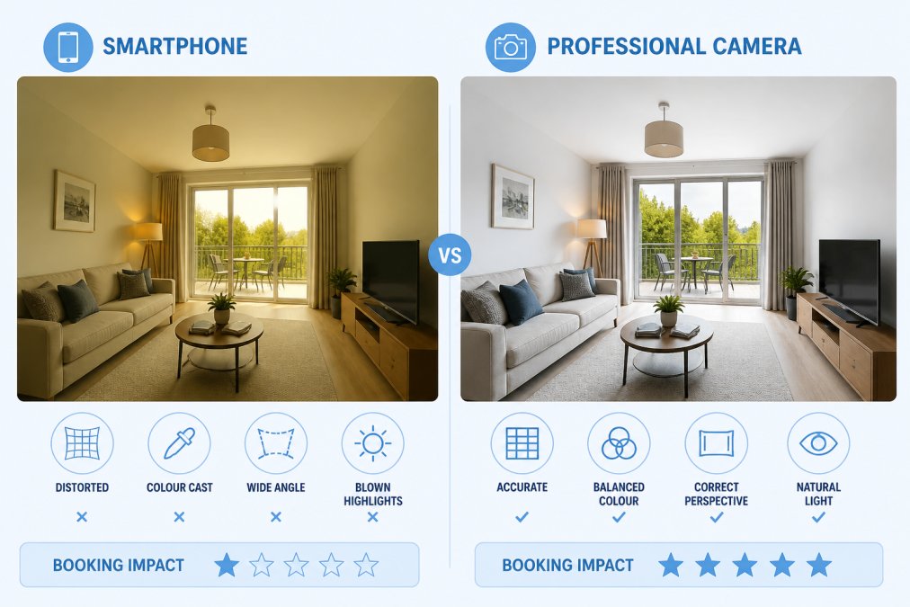 Side-by-side comparison of the same property interior photographed with a smartphone showing distorted perspective and colour cast on the left, and a professional camera showing accurate perspective and balanced colour on the right, both taken from similar positions in natural daylight