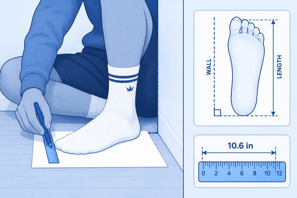 Person sitting on a clean floor measuring their foot with a ruler against white paper, heel positioned against a wall, showing proper foot positioning for accurate home measurement