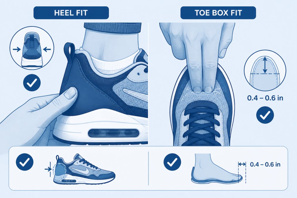 Close-up of a person's hands checking proper sneaker fit by pressing on the heel counter and examining toe box space with fingers, showing the correct method for evaluating fit