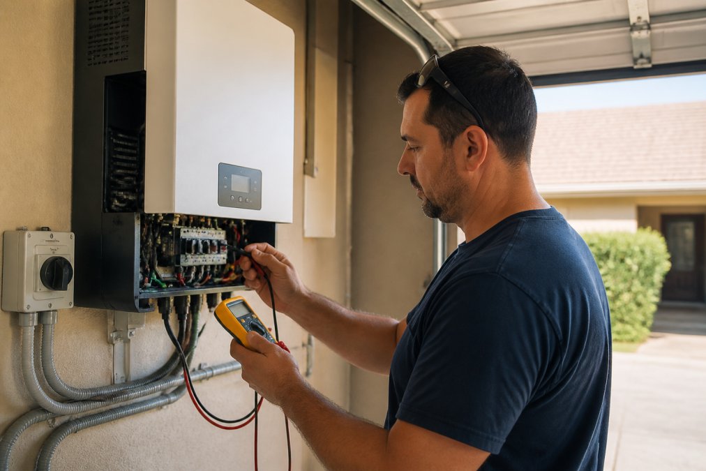 Homeowner using a multimeter to check an overheating solar inverter during hot weather why solar output drops in summer