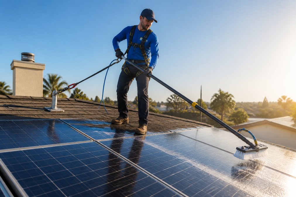 Professional technician using water-fed pole with deionized water system to clean solar panels on residential rooftop, safety harness visible and secured to roof anchor, morning sunlight illuminating the panels