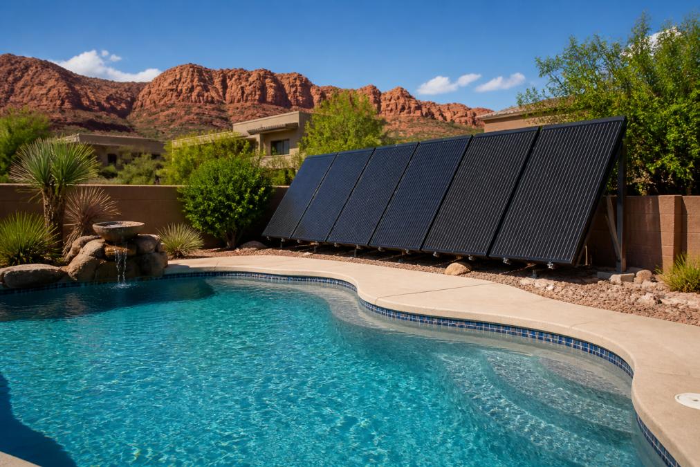 Dark solar pool heating panels mounted on a rack beside a backyard swimming pool in a sunny desert landscape.
