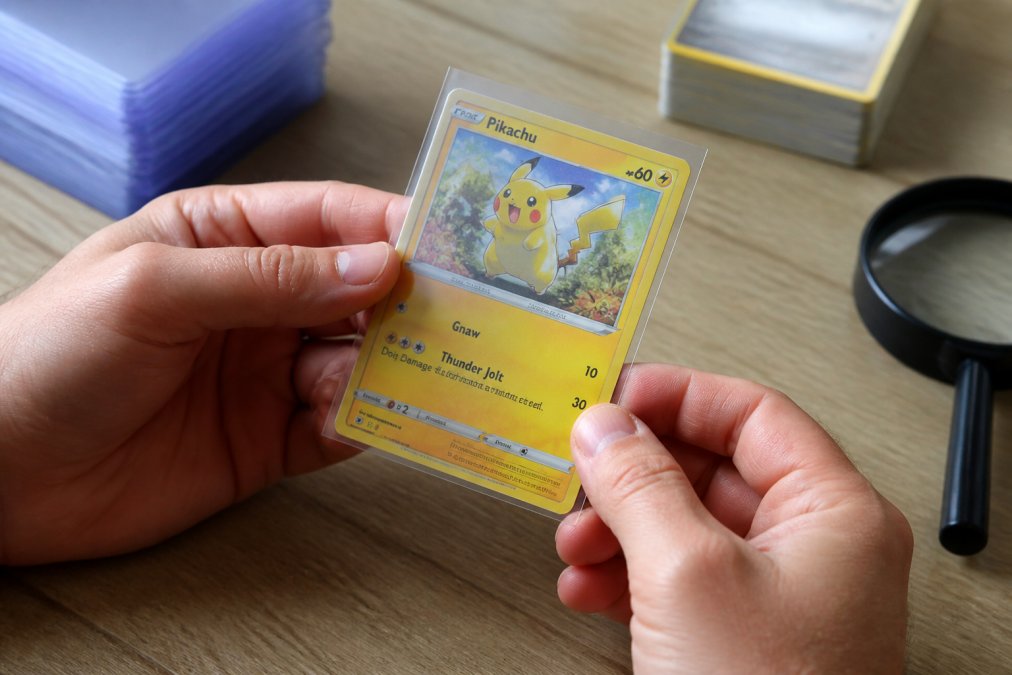 Close-up of hands holding a high-grade Pokémon card under bright lighting, showing card condition details and centering on a neutral surface