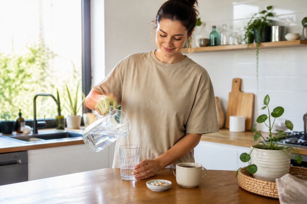 Person in a bright kitchen preparing water, supplements, and coffee to help avoid caffeine crashes in the morning.