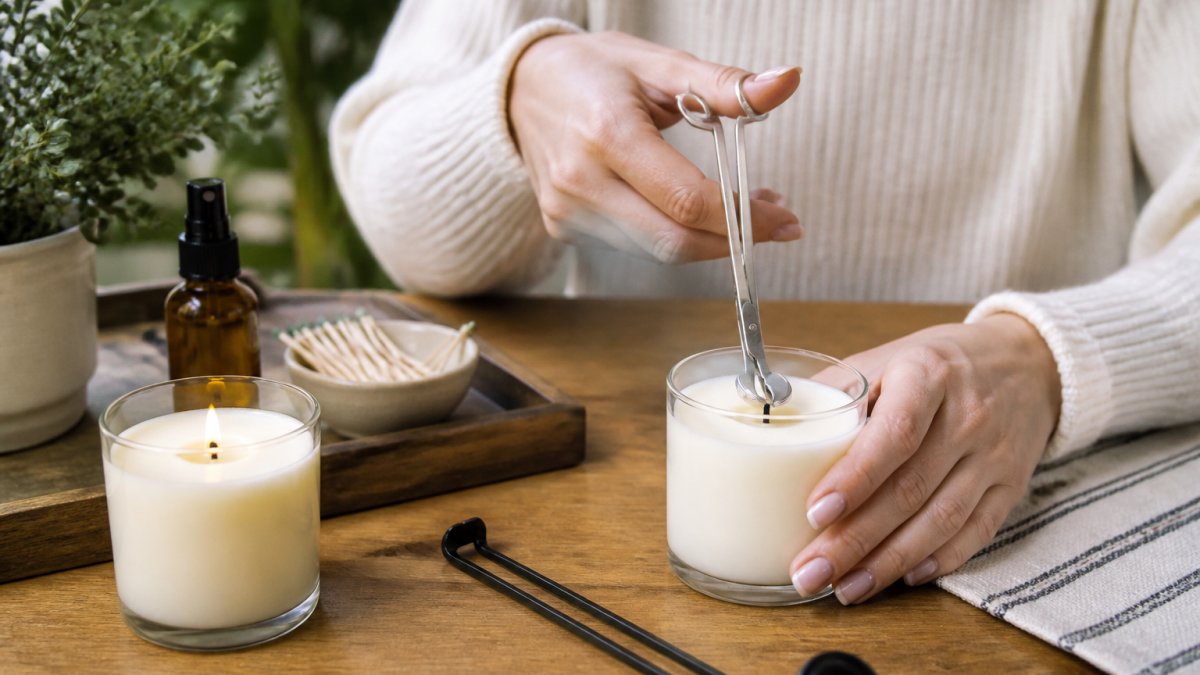 Close-up of hands using a wick trimmer to trim a candle wick to proper height, with a freshly lit soy candle visible in soft warm lighting