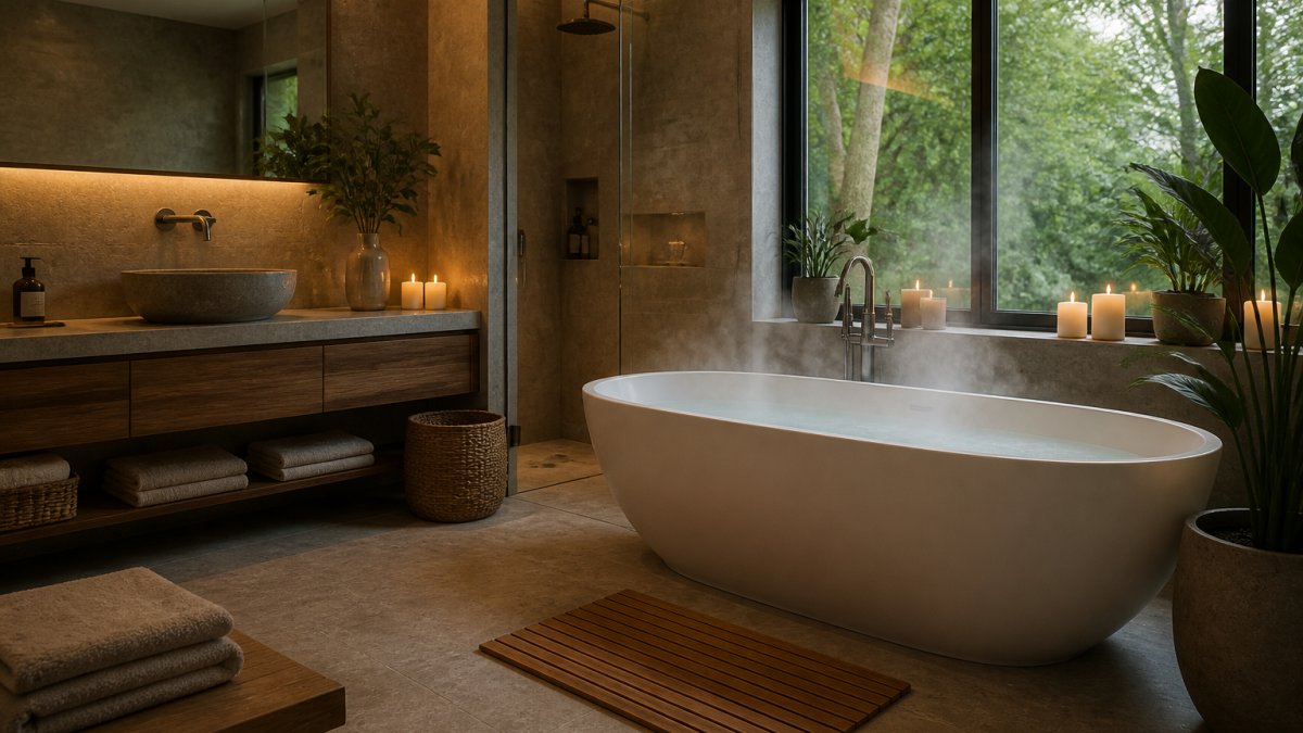 Serene spa-like bathroom with soft warm lighting from recessed fixtures and candles, natural stone tile walls and flooring, wooden vanity accents, a freestanding soaking tub positioned near a window with potted plants, and steam rising from hot water