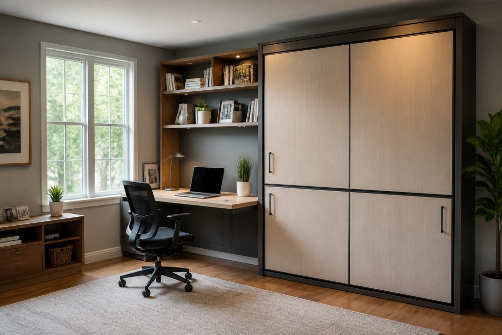 A compact home office with a wall bed cabinet closed during the day, showing a desk with laptop and organized shelving above, demonstrating dual-purpose functionality