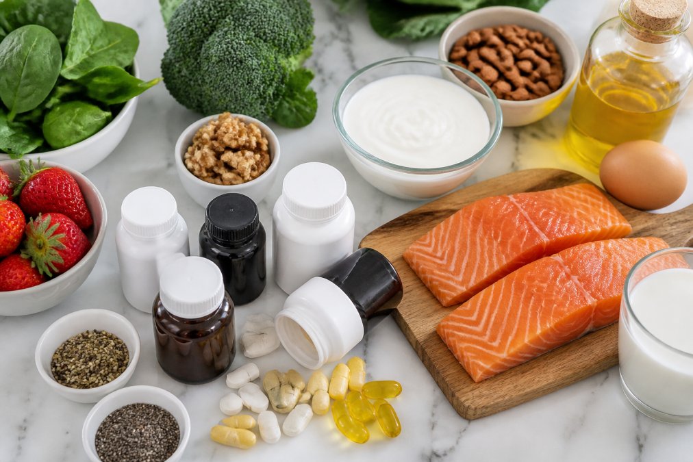 Overhead flat lay of various supplement bottles, capsules, and natural food sources like leafy greens, salmon, and dairy products arranged on a bright kitchen counter