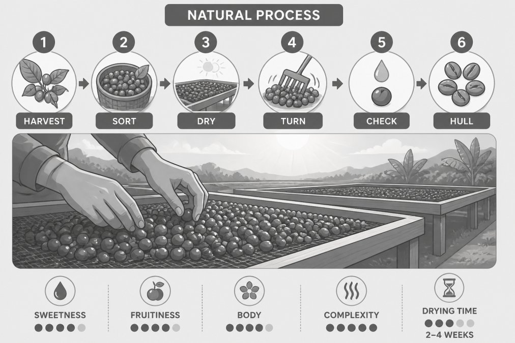 Infographic illustrating how sun-drying red coffee cherries impacts the flavor profile of specialty coffee beans.
