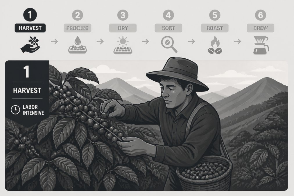 Coffee farmer in a mountain plantation carefully harvesting ripe red cherries by hand, showing the labor-intensive process of specialty coffee production