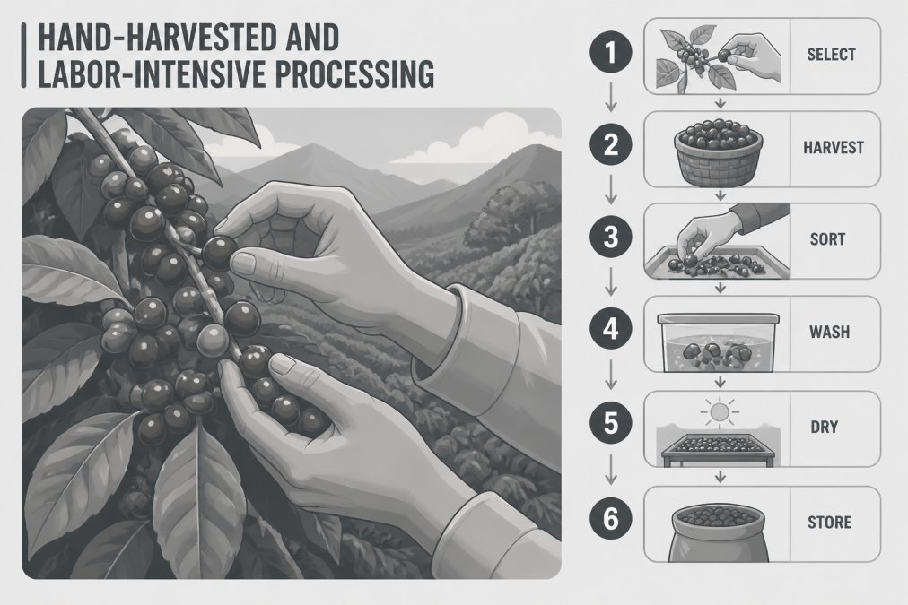 Close-up of hands carefully harvesting ripe red coffee cherries from a dense coffee plant on a mountainous plantation, showing the meticulous hand-selection process in bright tropical sunlight