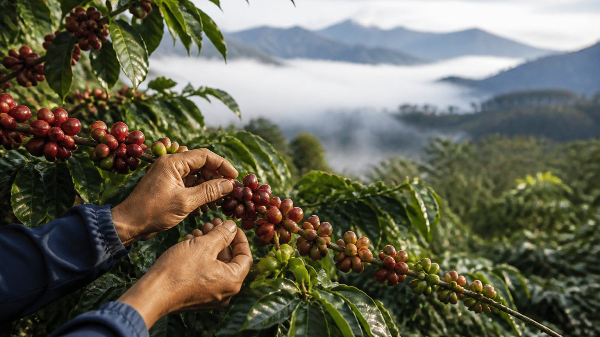 Close-up of coffee cherries on high-altitude farm with misty mountains in background, showing hand-picking in progress through morning mist