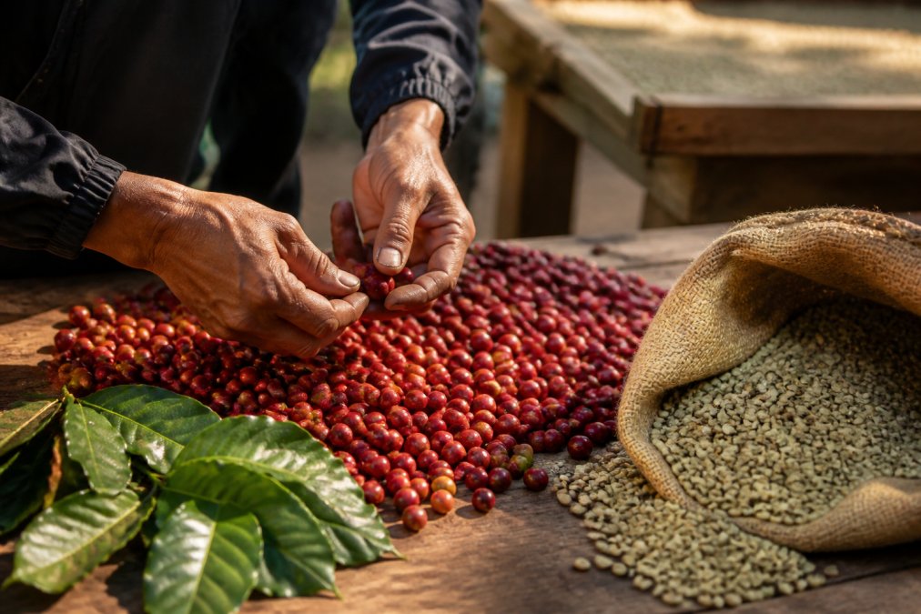 Close-up of hands sorting freshly harvested red coffee cherries on a wooden table, with green coffee beans and a burlap sack nearby in warm natural light