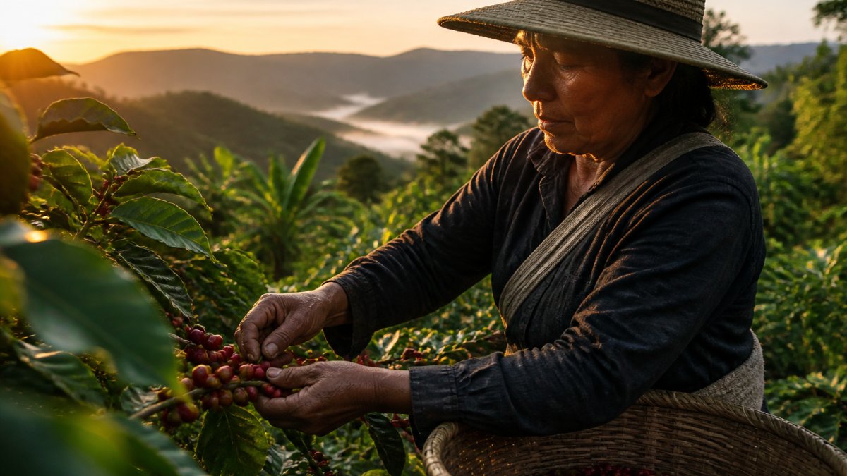 A coffee farmer hand-picking ripe red coffee cherries on a hillside plantation at sunrise, with a woven basket visible in the foreground