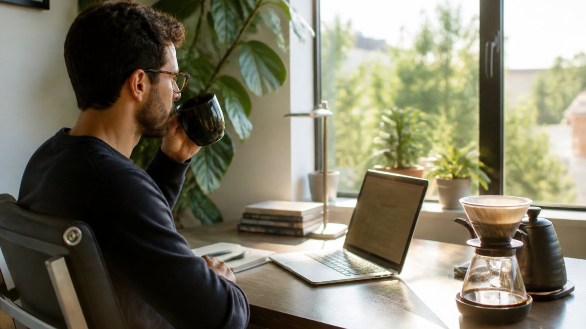 Professional working at a home office desk with a fresh cup of coffee in morning sunlight