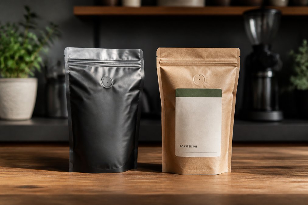 Close-up of two bags of coffee side by side on a wooden counter, one a plain generic commercial bag, one a labeled specialty bag with roast date visible, natural morning light