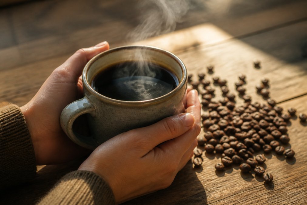 Person holding a warm ceramic mug of freshly brewed dark coffee with steam rising, rustic wooden table in background with whole coffee beans scattered nearby in warm morning light