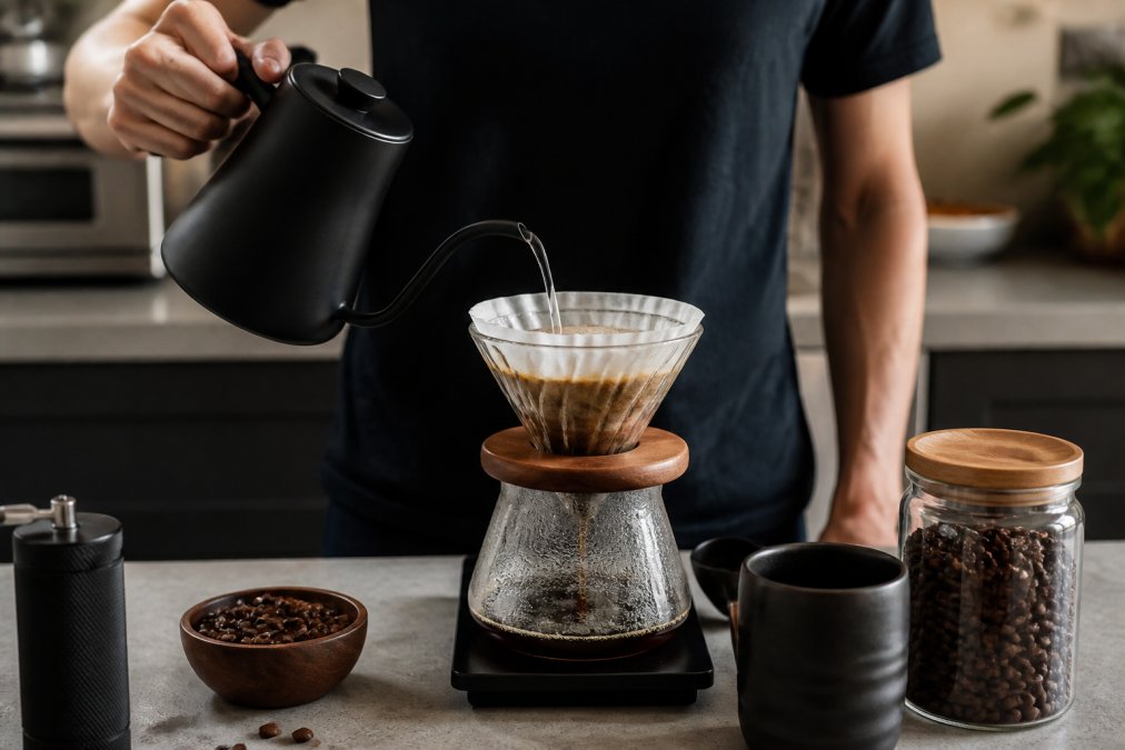 A person pouring hot water from a gooseneck kettle over freshly ground coffee in a pour-over dripper on a kitchen counter, with a digital scale and timer visible nearby