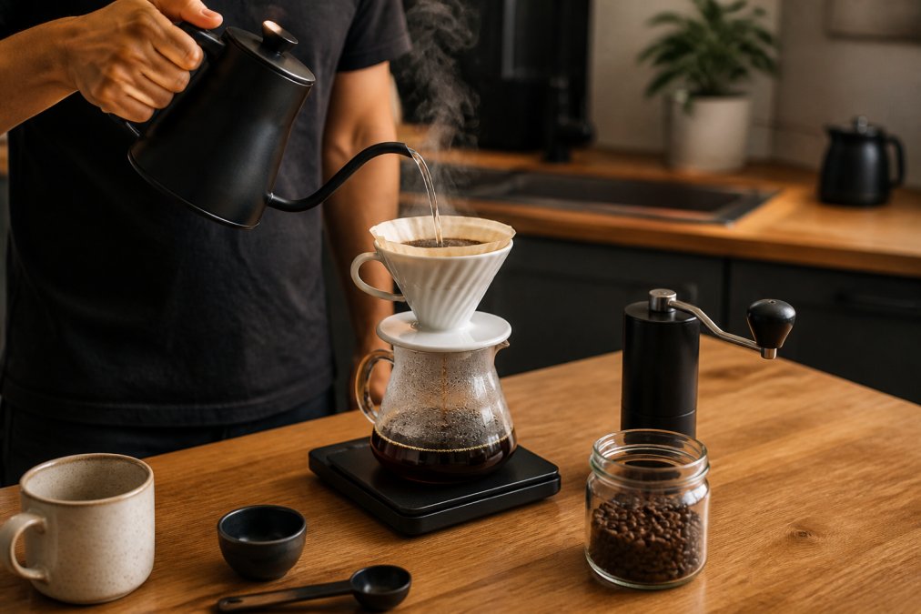 A person pouring hot water from a gooseneck kettle over a pour-over dripper filled with fresh coffee grounds, steam rising, set on a clean kitchen counter with a digital scale nearby