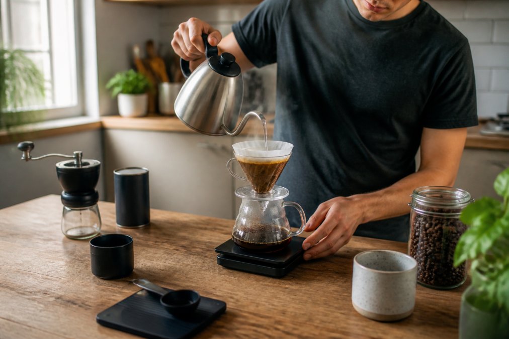 A person carefully pouring hot water from a gooseneck kettle over a pour-over coffee dripper, with steam rising and a digital scale nearby on a wooden kitchen counter