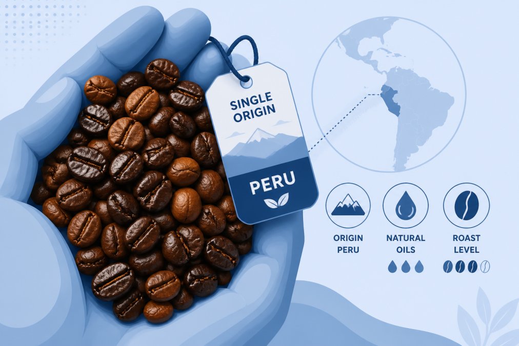 Close-up of freshly roasted coffee beans in a hand showing rich brown color variation and visible natural oils, with a label indicating single-origin Peru in soft natural light