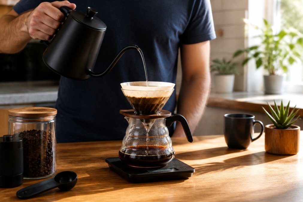 Home barista pouring hot water in controlled stream from gooseneck kettle into pour-over cone filled with specialty coffee grounds, with a digital scale visible on the counter and natural morning light streaming through kitchen window