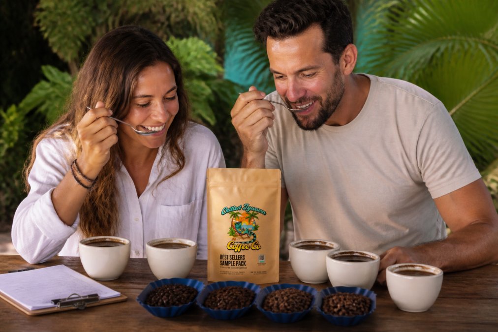 Close-up of specialty coffee beans displaying rich color variation and texture, with a ceramic cupping bowl and tasting notes visible on a wooden surface in natural morning light