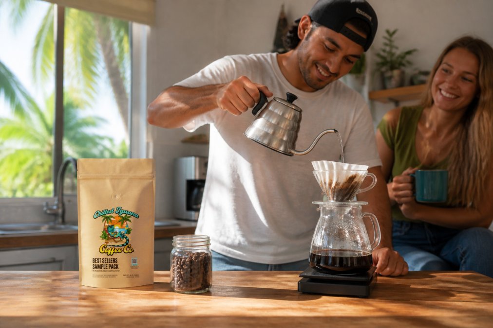 Hands pouring hot water over freshly ground specialty coffee in a pour-over cone, with a kitchen scale and timer visible on a wooden surface in morning sunlight