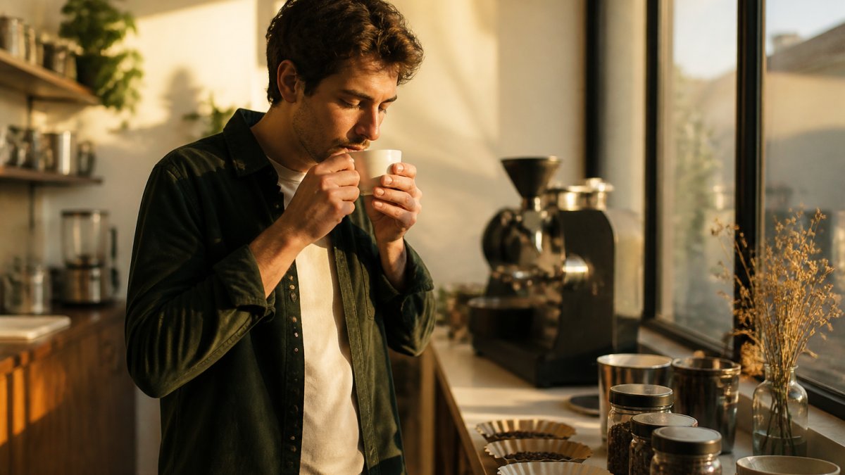 Person holding a warm coffee cup with both hands, eyes closed while smelling the aroma, morning sunlight streaming through a kitchen window creating soft shadows on their face