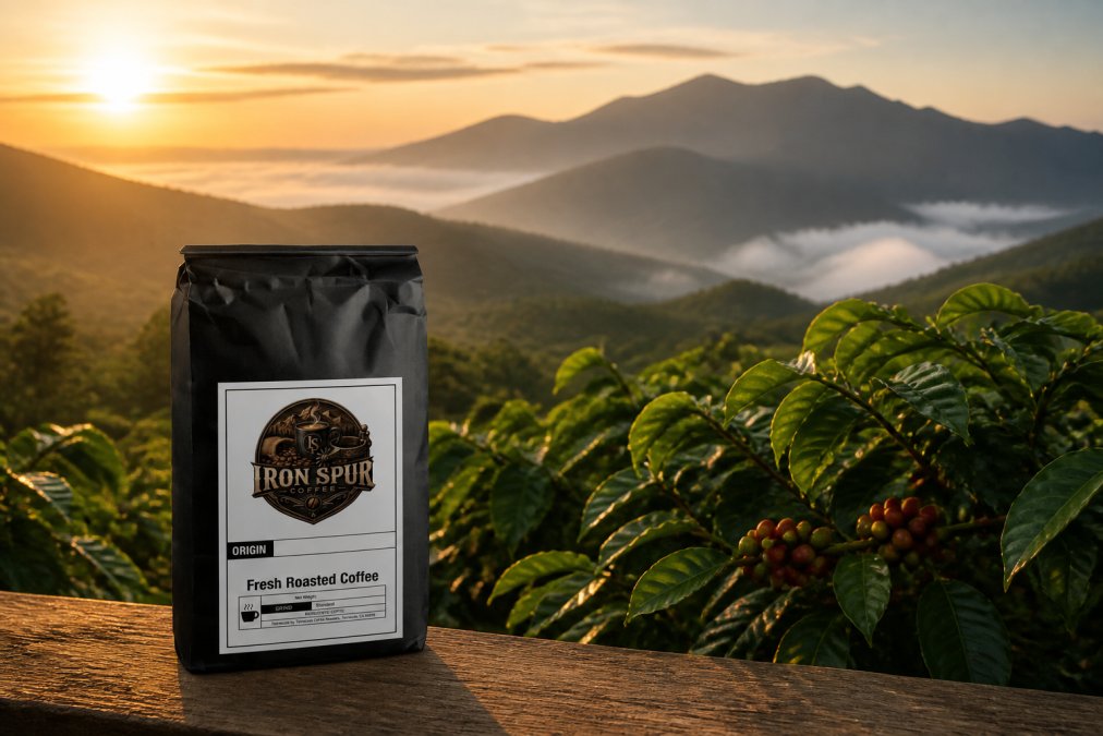 High-altitude coffee farm at sunrise with lush green plants and misty mountains in the background, showing the natural environment where specialty beans grow