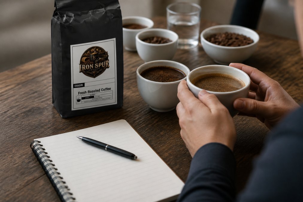 Close-up of hands holding a coffee cup during a tasting session, with a notebook nearby for recording flavor notes and observations