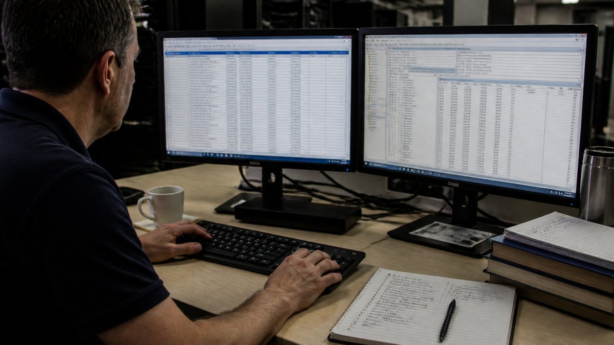 A database administrator at a desk with two monitors showing server performance counters, one hand on a keyboard, a notebook with handwritten notes beside a coffee cup in a dimly lit office