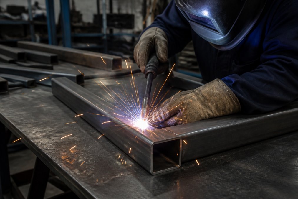 Close-up of a welder's gloved hands joining two pieces of square steel tubing on a metal workbench in a fabrication shop, bright sparks flying from the weld