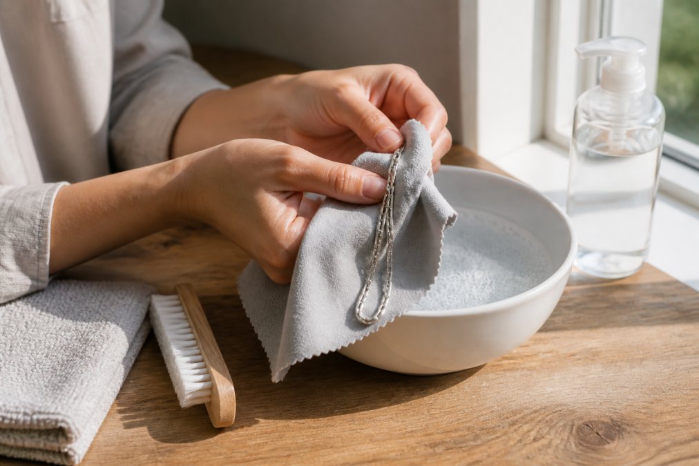 Hands gently cleaning a stainless steel necklace with a soft microfiber cloth and warm soapy water in a white ceramic bowl, with natural window light illuminating the scene