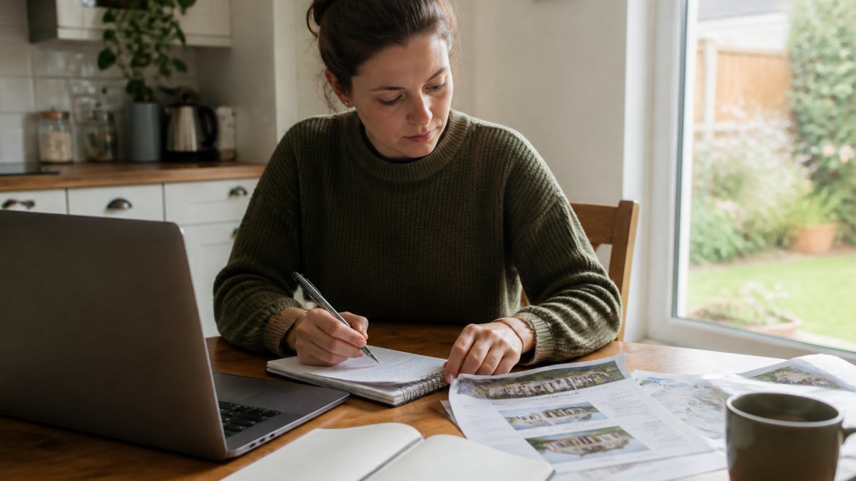 A first-time buyer sitting at a kitchen table with a laptop, notepad and printed property details, checking information online in soft afternoon light