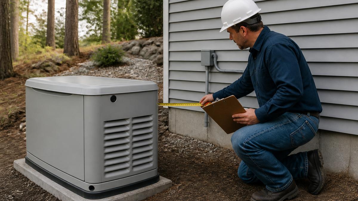 Licensed electrician measuring clearance for a standby generator to ensure code compliance during installation.