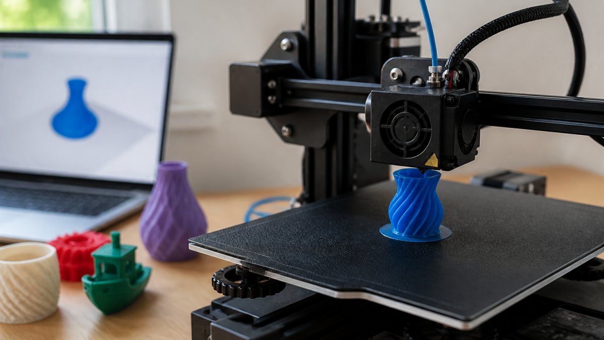 A close-up photograph of a 3D printer in action, creating a small, colorful custom part on its print bed, with a laptop showing a 3D model in the background