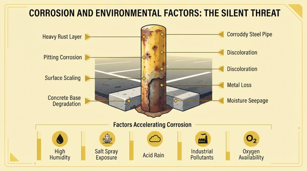 Close-up of corroded steel pipe bollard showing rust stains, orange discoloration, and pitting on the surface in an outdoor coastal parking lot setting