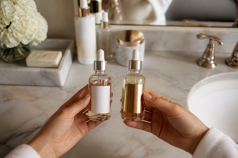 A close-up of a woman's hands holding two identical-looking skincare serum bottles side by side, one with a plain label and one with a gold-embossed luxury label, on a clean bathroom counter with soft natural lighting