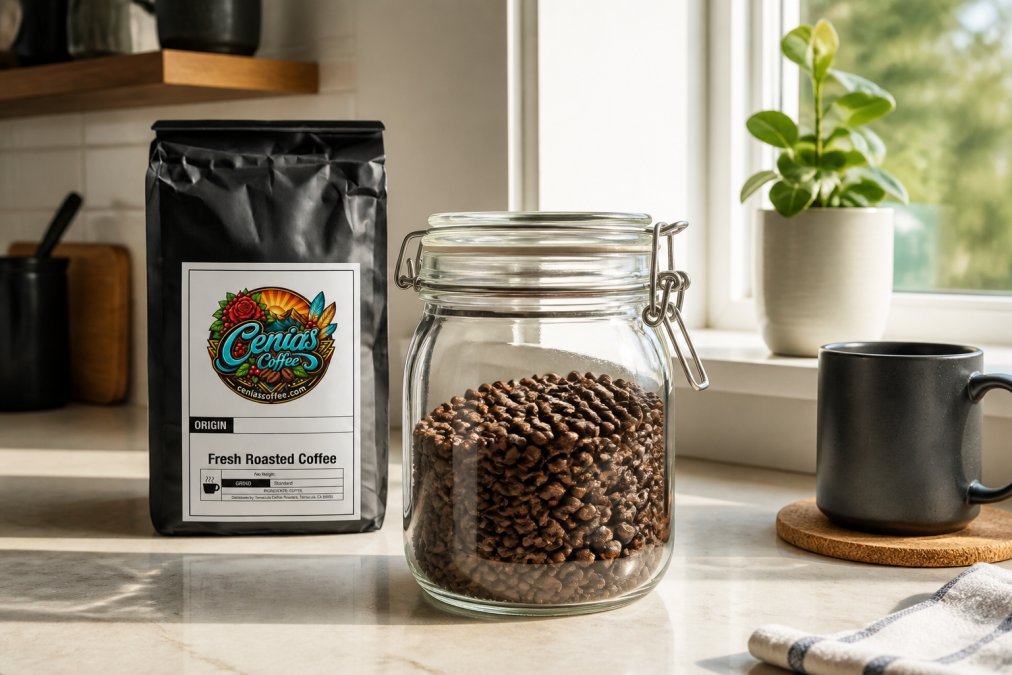 Freshly roasted coffee beans in an airtight glass container on a kitchen counter with soft natural morning light, showing proper storage setup with beans visible through clear glass