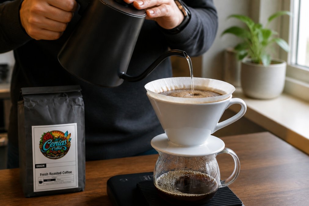 Close-up of hands pouring hot water from a gooseneck kettle over coffee grounds in a ceramic pour-over cone, showing the bloom stage with water just saturating the grounds, morning kitchen light in background