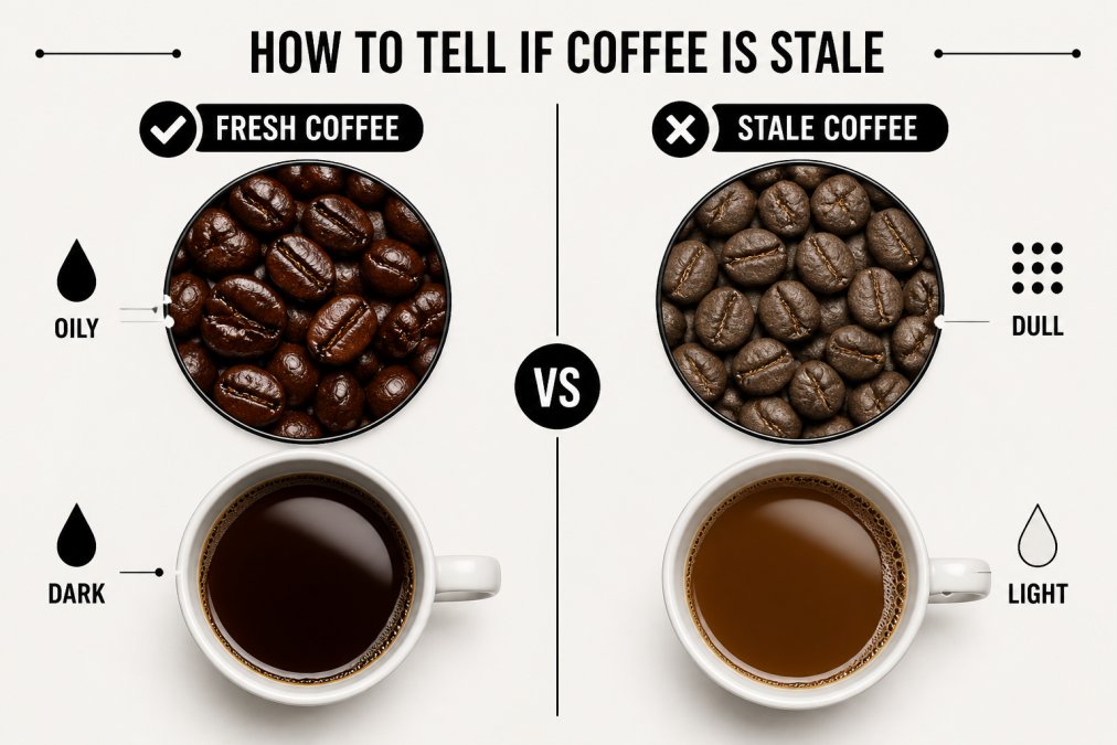 Close-up of two coffee bean samples side by side on a white surface, one showing rich dark color with visible surface oils, the other displaying dull grayish appearance with matte finish; a cup of brewed coffee beside them showing color comparison