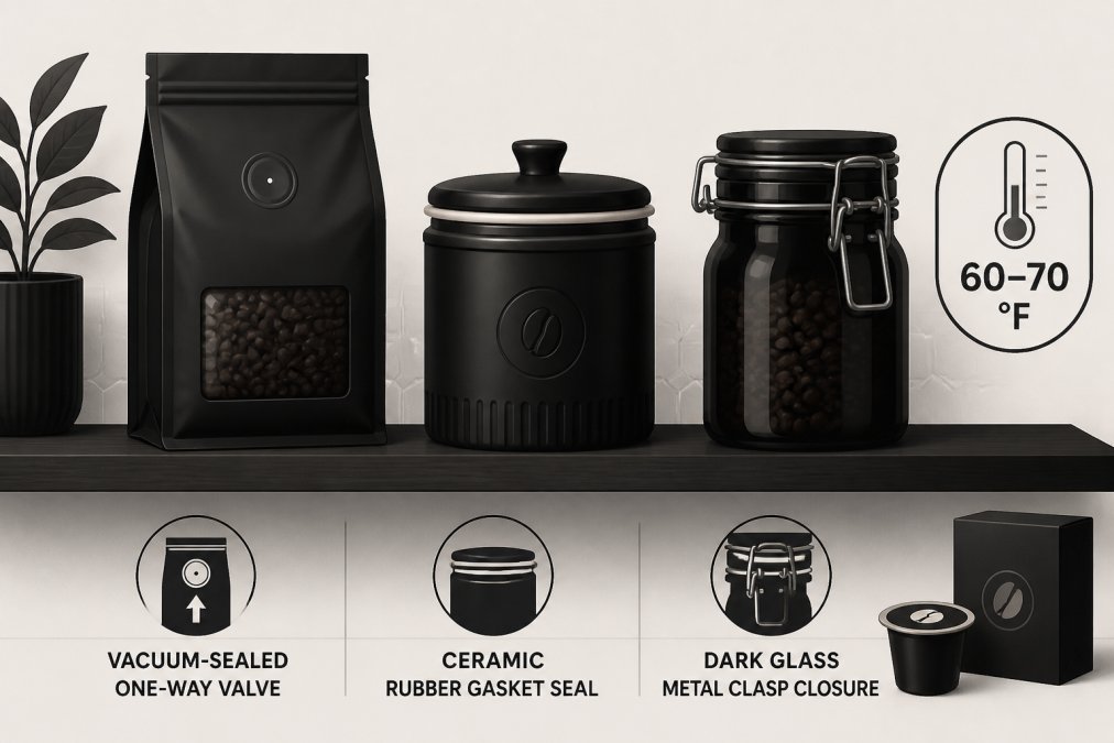 Kitchen shelf displaying three different airtight storage solutions, a vacuum-sealed coffee bag with one-way valve, a ceramic container with rubber gasket seal, and a dark glass jar with metal clasp closure; a small thermometer visible showing temperature between 60-70 degrees Fahrenheit