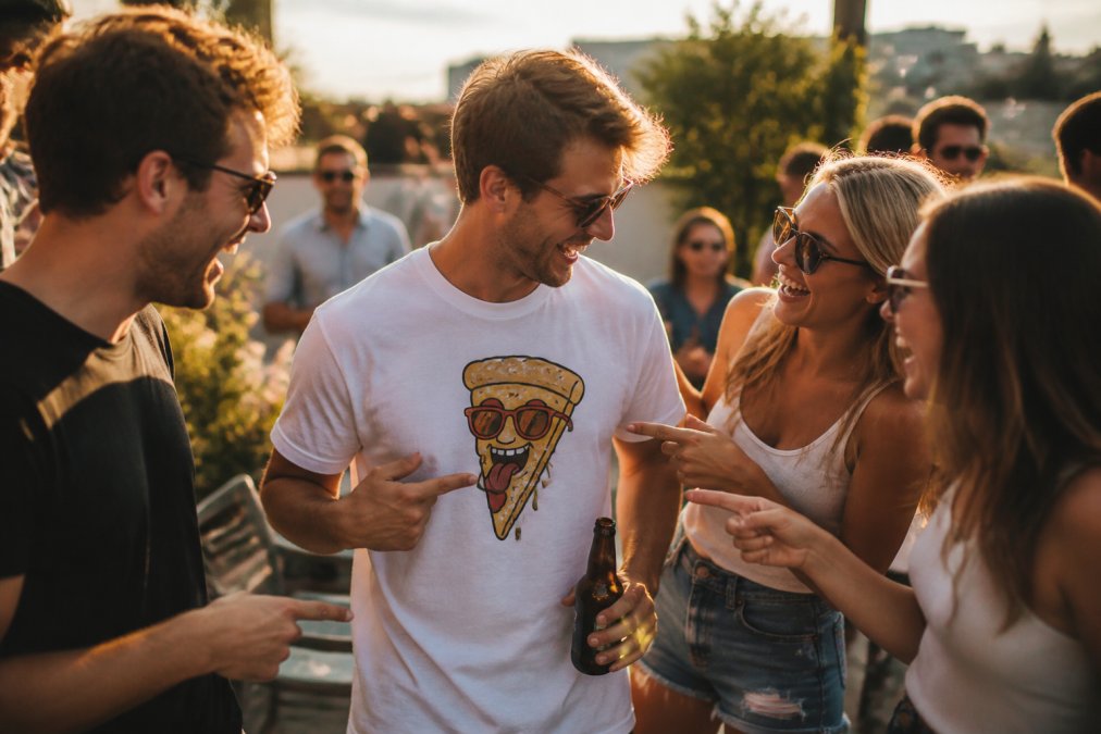 A group of college students laughing together at an outdoor party, one wearing a funny graphic t-shirt with a bold slogan, everyone pointing and smiling at the design, golden hour lighting