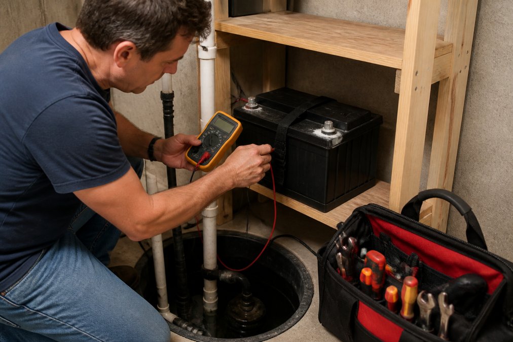 A homeowner kneeling beside a basement sump pump installation, using a digital voltmeter to test the backup battery terminals, with visible white corrosion buildup on the connections and a deep cycle battery secured on a wooden shelf