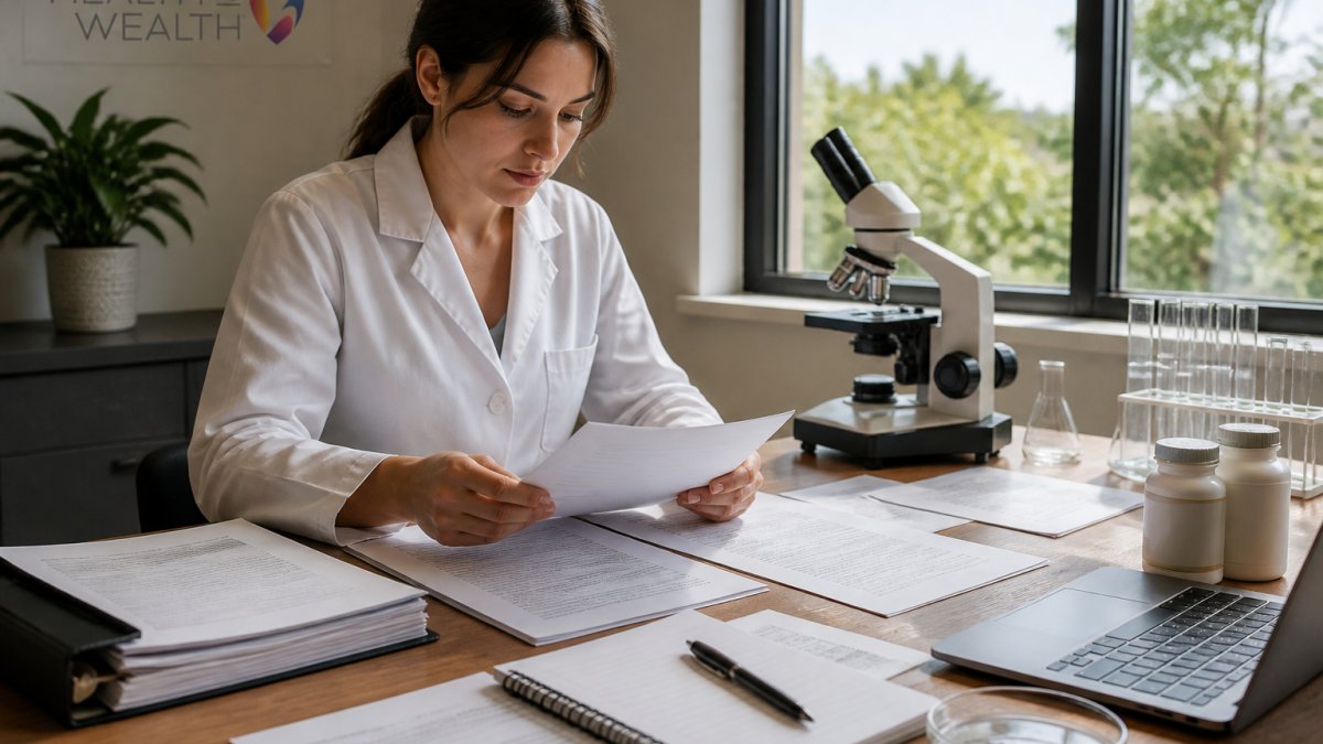 Researcher in white coat reviewing clinical trial documents and research papers at a wooden desk with a computer, microscope, and laboratory equipment visible in soft natural light from a window